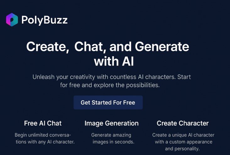 Digital banner showing PolyBuzz AI Free logo with icons representing three main features: a smiling woman symbolizing Free AI Chat, a landscape image for Image Generation, and a male avatar for Create Character. The design has a dark blue background with bright, colorful flat illustrations.